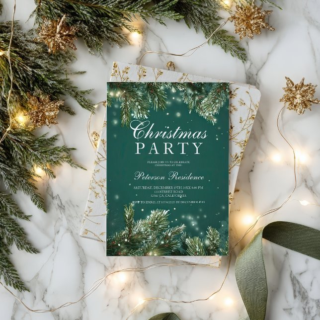 Convites Elegante festa de Natal de pinheiro verde nevado (Elegant green pine snowy Holiday Christmas party Invitation)