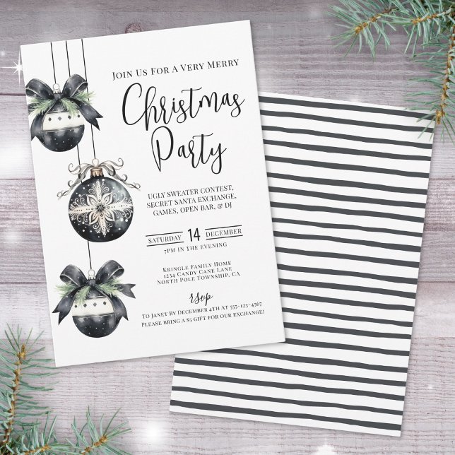 Convites Elegante Festa de Natal Simples Preto e Branco (Elegant Simple Black White Christmas Party Invitat Invitation)