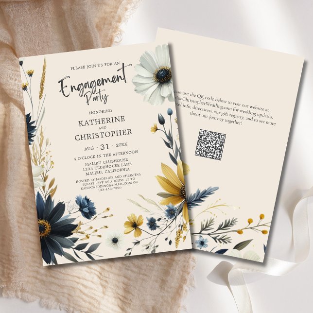 Convites Elegante Festa de noivado de Beige de Flores Selva (Watercolor Wildflowers Engagement Party Invitation with Blue & Yellow Wildflowers, modern typography)