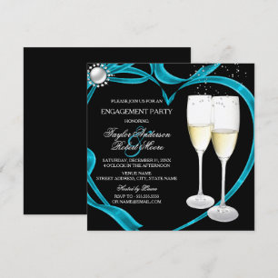 Convites Elegante Festa de Noivado Preto Prata e Azul Turqu