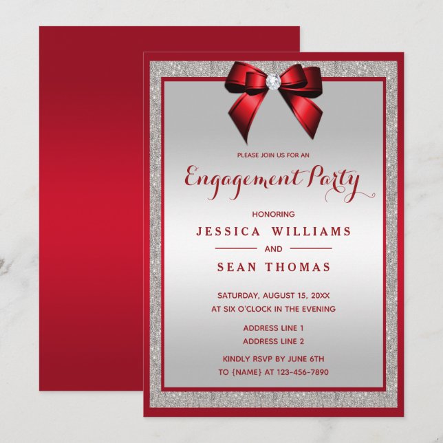 Convites Elegante Festa de noivado vermelha e prateada (Frente/Verso)