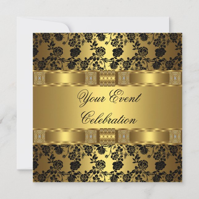Convites Elegante Festa Dourado Preto Floral (Frente)