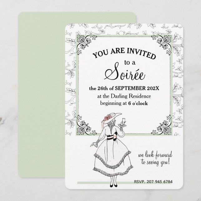 Convites Elegante Festa Floral Vintage Francesa Verde Soiré (Frente/Verso)