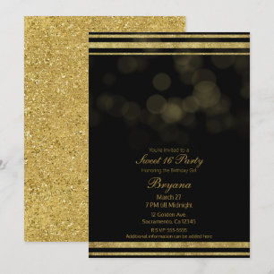 Convites Elegante Festa Sweet 16 com Brilho em Dourado Pret