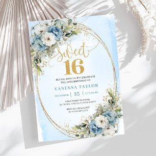 Convites Elegante Festa Sweet Sixteen Floral em Azul Poeire