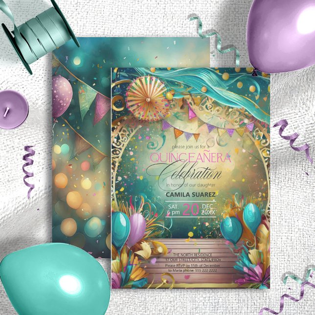 Convites Elegante Fiesta Quinceanera Lavanda/Teal ID1029 (Criador carregado)
