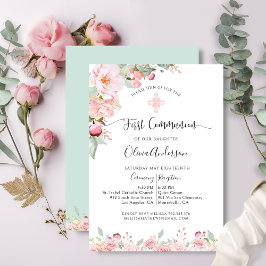 Convites Elegante First Communion Rosa Dourado, Mint Floral