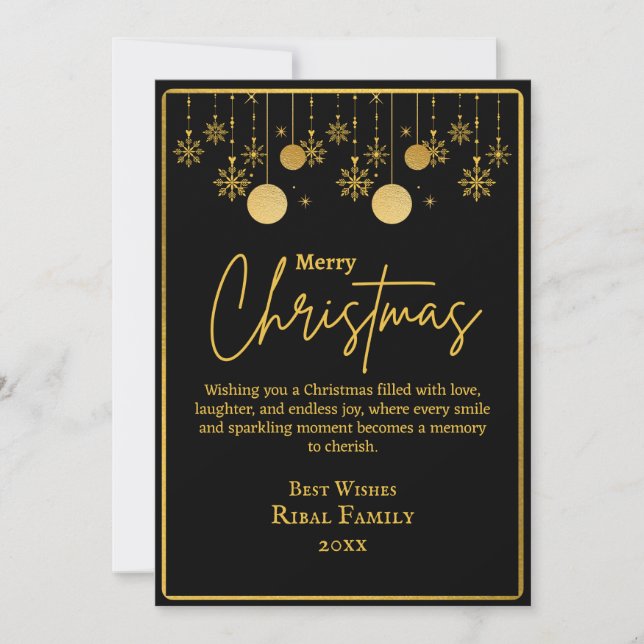 Convites Elegante Floco de Neve Preto e Dourado Feliz Natal (Frente)