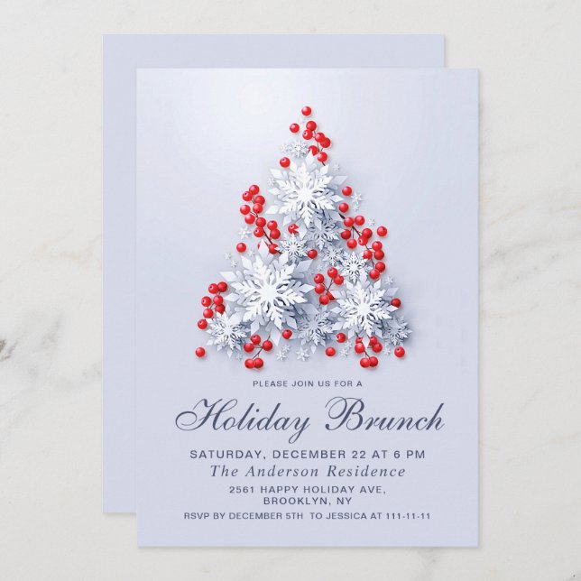 Convites Elegante Flocos de neve NATAL HOLIDAY BRUNCH (Frente/Verso)