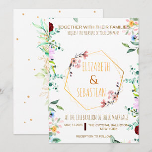 Convites Elegante Flor de Casamento Geométrico Dourado Silv