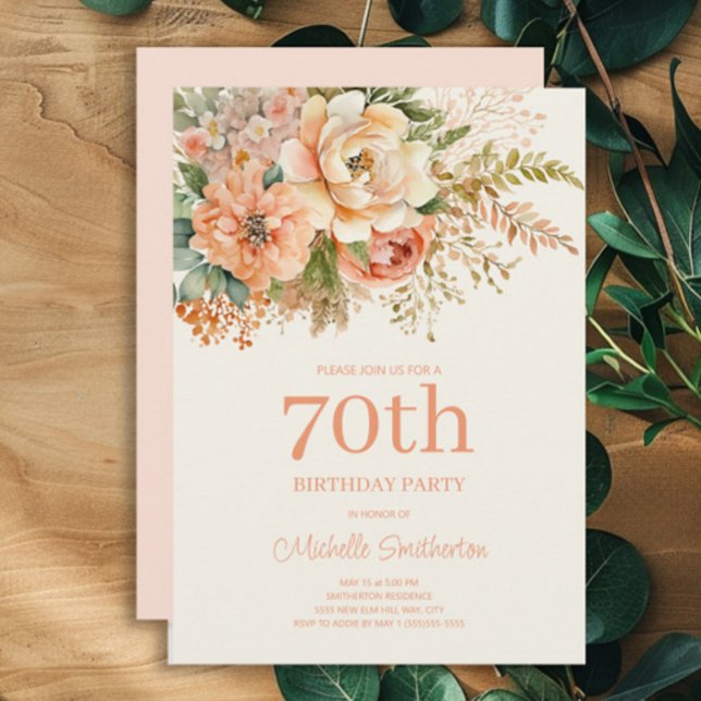 Convites Elegante Flor de Creme de Pêssego Aniversário de 7 (Peach and cream watercolor floral 70th birthday party invitation)