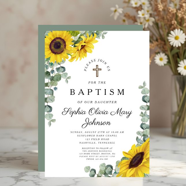 Convites Elegante Flor de Girassol Religioso Batismo (Elegant Floral Sunflower Religious Baptism Invitation)