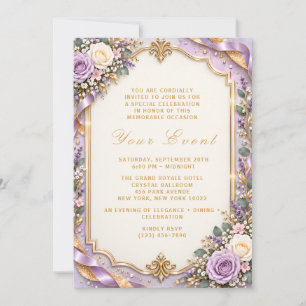 Convites Elegante Flor de Lavanda Moldura Dourada Personali