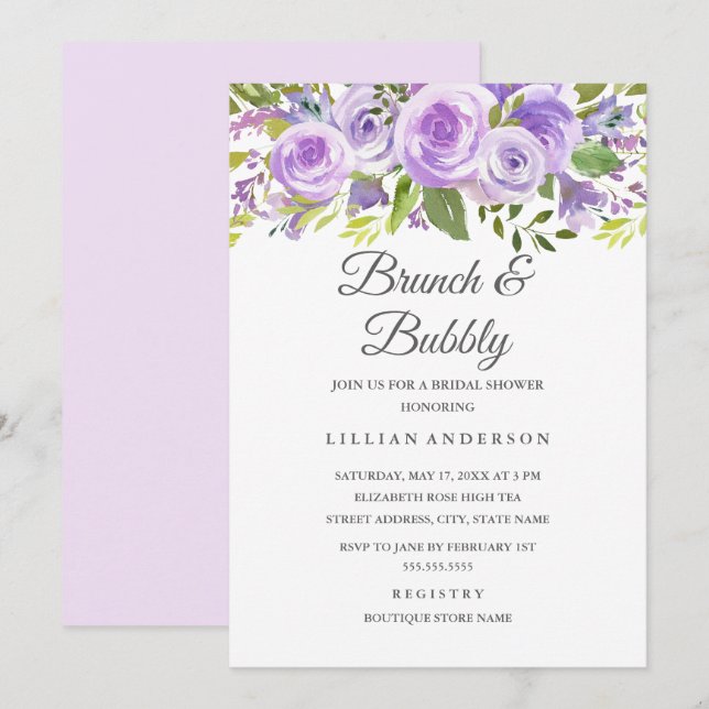 Convites Elegante Flor de Lavanda Rosa Brunch e Espumante (Frente/Verso)