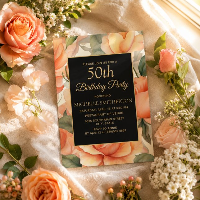 Convites Elegante Flor de Pêssego Preto e Dourado  (Peach roses on black and gold 50th birthday invitation)