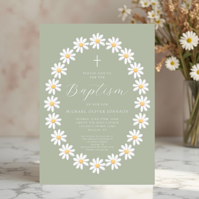 Convites Elegante Flor de Sabugueiro Verde Florais Margarid (Elegant Sage Green Floral Daisies Baptism Invitation)