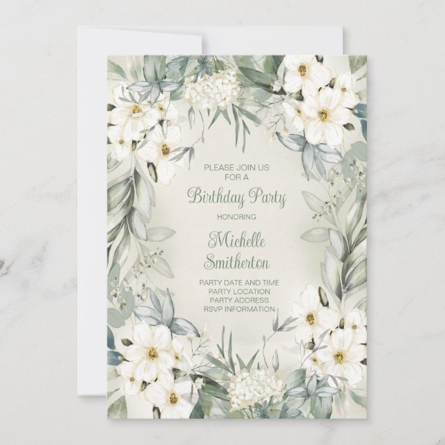 Convites Elegante Flor de Sage Verde Branco de Aniversário (Frente)