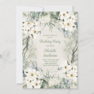 Convites Elegante Flor de Sage Verde Branco de Aniversário