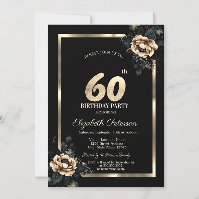 Convites Elegante Flor Dourada Moldura Preta Aniversário de (Frente)