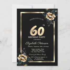 Convites Elegante Flor Dourada Moldura Preta Aniversário de