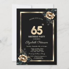 Convites Elegante Flor Dourada Moldura Preto 65º Aniversári