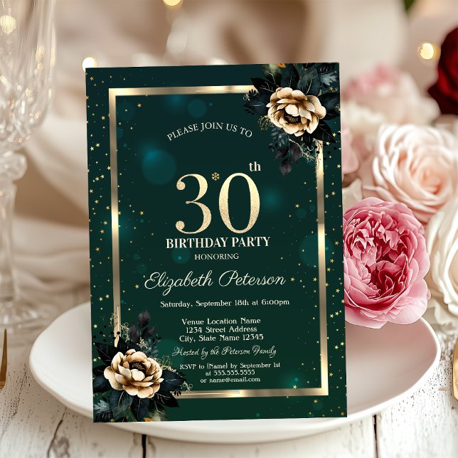 Convites Elegante Flor Dourado Quadro Estrelas Verde 30º (Criador carregado)