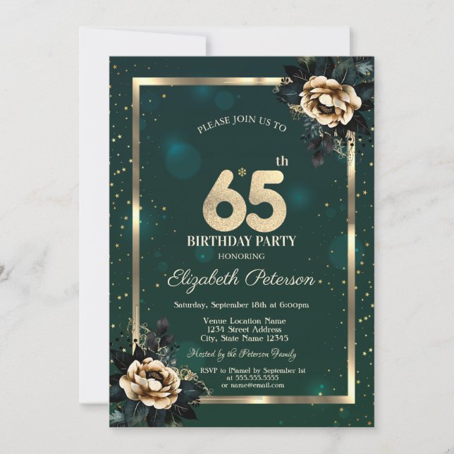 Convites Elegante Flor Dourado Quadro Estrelas Verde 65º (Frente)