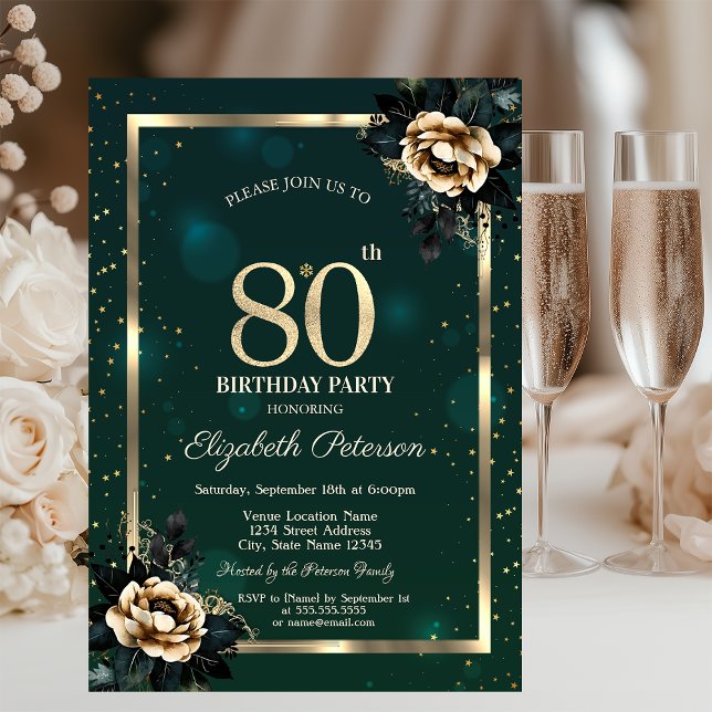 Convites Elegante Flor Dourado Quadro Estrelas Verde 80º (Criador carregado)