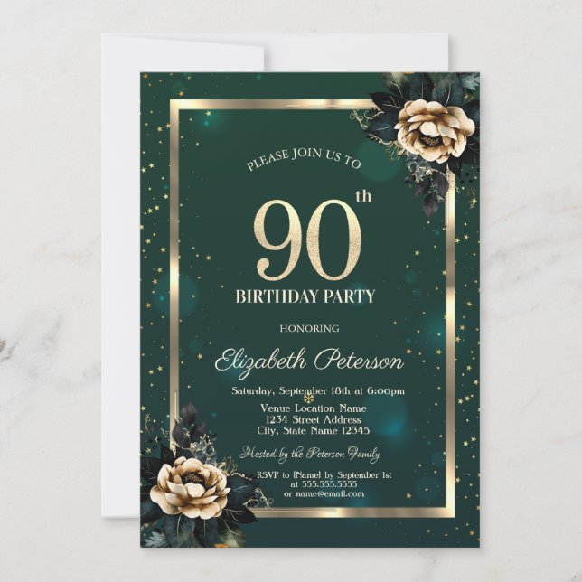 Convites Elegante Flor Dourado Quadro Estrelas Verde 90º (Frente)