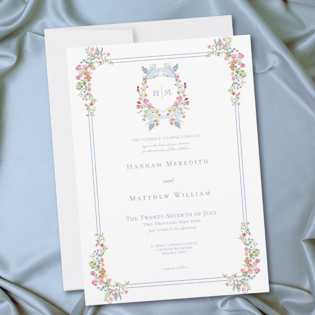 Convites Elegante Flor Silvestre em Tom Pastel Azul Crista  (Elegant Blue Pastel Wildflower Regal Crest Wedding Invitation)