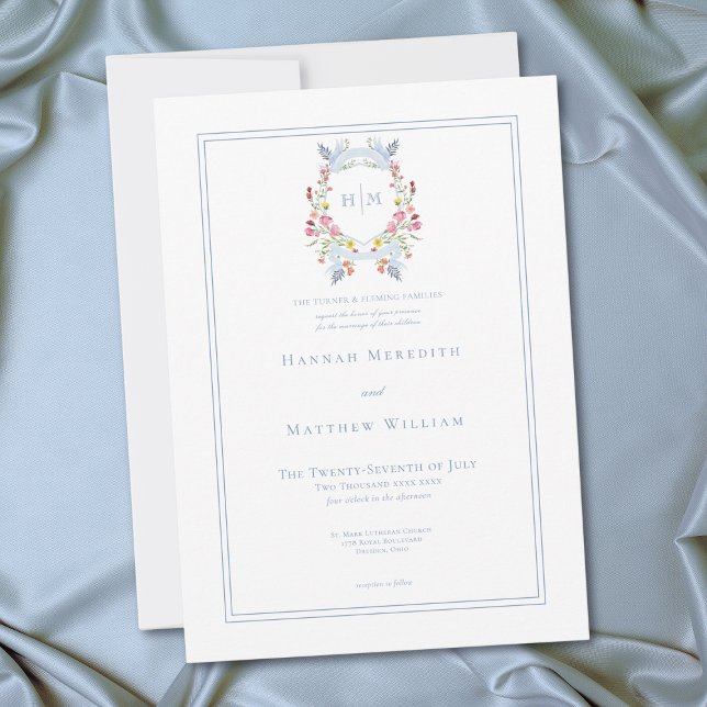 Convites Elegante Flor Silvestre Pastel Azul Crista Real Ca (Elegant Blue Pastel Wildflower Regal Crest Wedding Invitation)