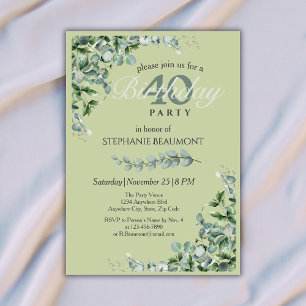 Convites Elegante Flor Verde Pastel Aniversário de 40 anos 