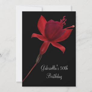Convites Elegante Flor Vermelha em Preto Aniversário de 50