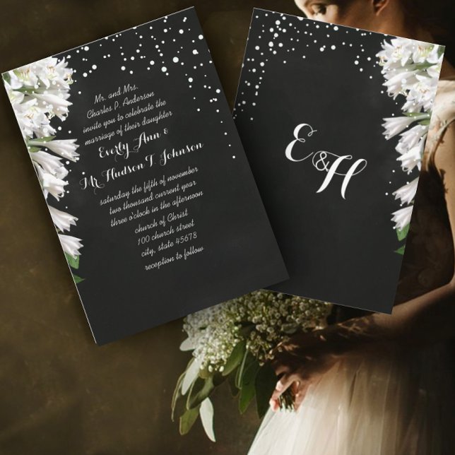 Convites Elegante Flora Branca em Preto Casamento (Criador carregado)