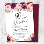 Convites Elegante Floral 50ª Festa de aniversário<br><div class="desc">Elegante e chic 50º convite de aniversário com "50 & Fabuloso" escrito em na moda e buquês de aquarelas de vermelho-burgundy,  cor-de-rosa-pincelada e roxo de ameixa com verde-luz. Personalize facilmente o nome dela e os detalhes da festa.</div>