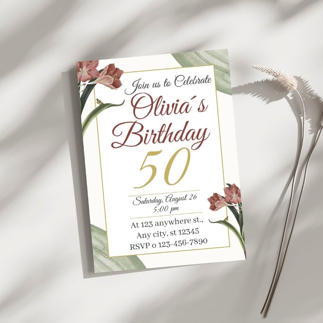 Convites Elegante Floral 50º – Flor de Ouro e Bege (Criador carregado)