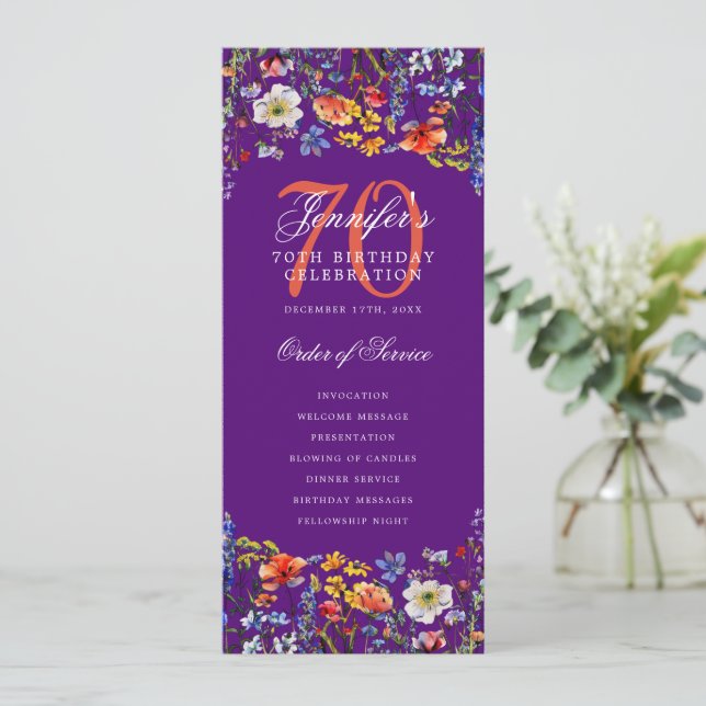 Convites Elegante Floral 70 Birthday Program Roxo (Em pé/Frente)