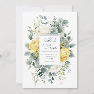 Convites Elegante Floral Amarela Branca Eucalipto Aquarela
