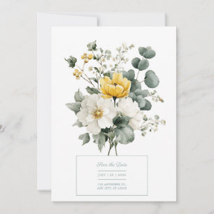 Convites Elegante Floral Amarelo Branco Eucalipto Aquarela
