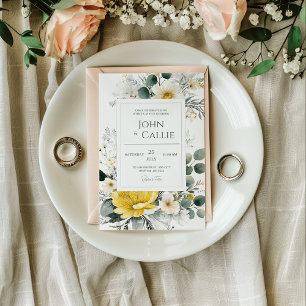 Convites Elegante Floral Amarelo Branco Eucalipto Aquarela