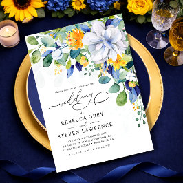 Convites Elegante floral amarelo e azul casamento em aquare