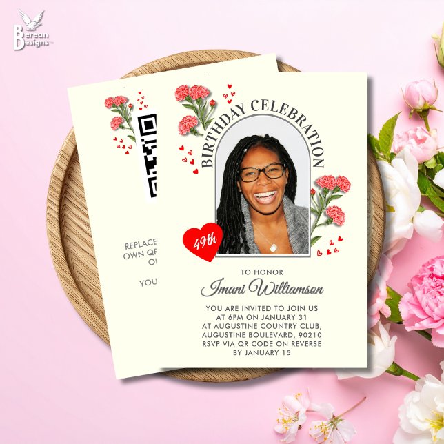Convites Elegante Floral ANIVERSÁRIO de QUALQUER IDADE Foto (JANUARY Birth Month Flower Birthday Any Age Invitation with QR code.)
