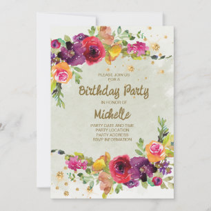Convites Elegante Floral Aniversário Glitter Roxo Dourado