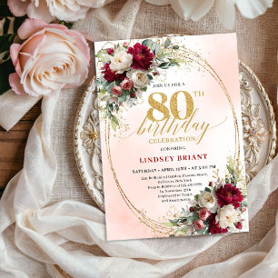 Convites Elegante Floral Aquarela 80º Aniversário Dourado 