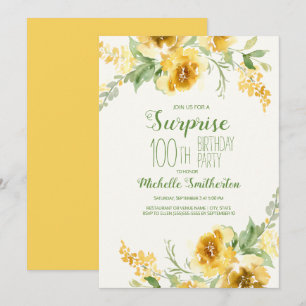 Convites Elegante Floral Aquarela Amarela 100º Aniversário