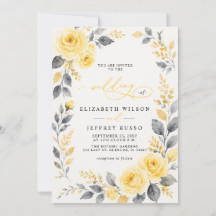 Convites Elegante Floral Aquarela Amarelo Cinza Casamento