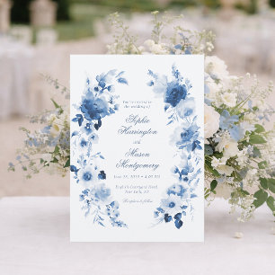 Convites Elegante Floral Aquarela Azul Empoeirado Casamento