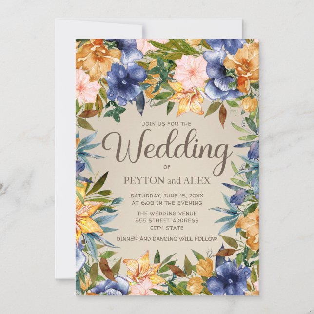 Convites Elegante Floral Aquarela Azul Laranja. Casamento (Frente)
