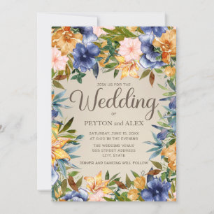 Convites Elegante Floral Aquarela Azul Laranja. Casamento