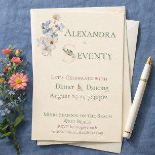 Convites Elegante Floral Aquarela Creme Aniversário de 70 a